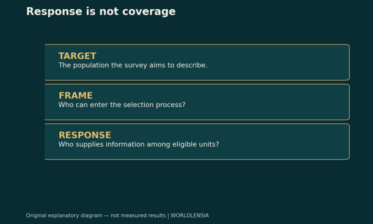 Response is not coverage. TARGET: The population the survey aims to describe. FRAME: Who can enter the selection process? RESPONSE: Who supplies information among eligible units? Original explanatory diagram.