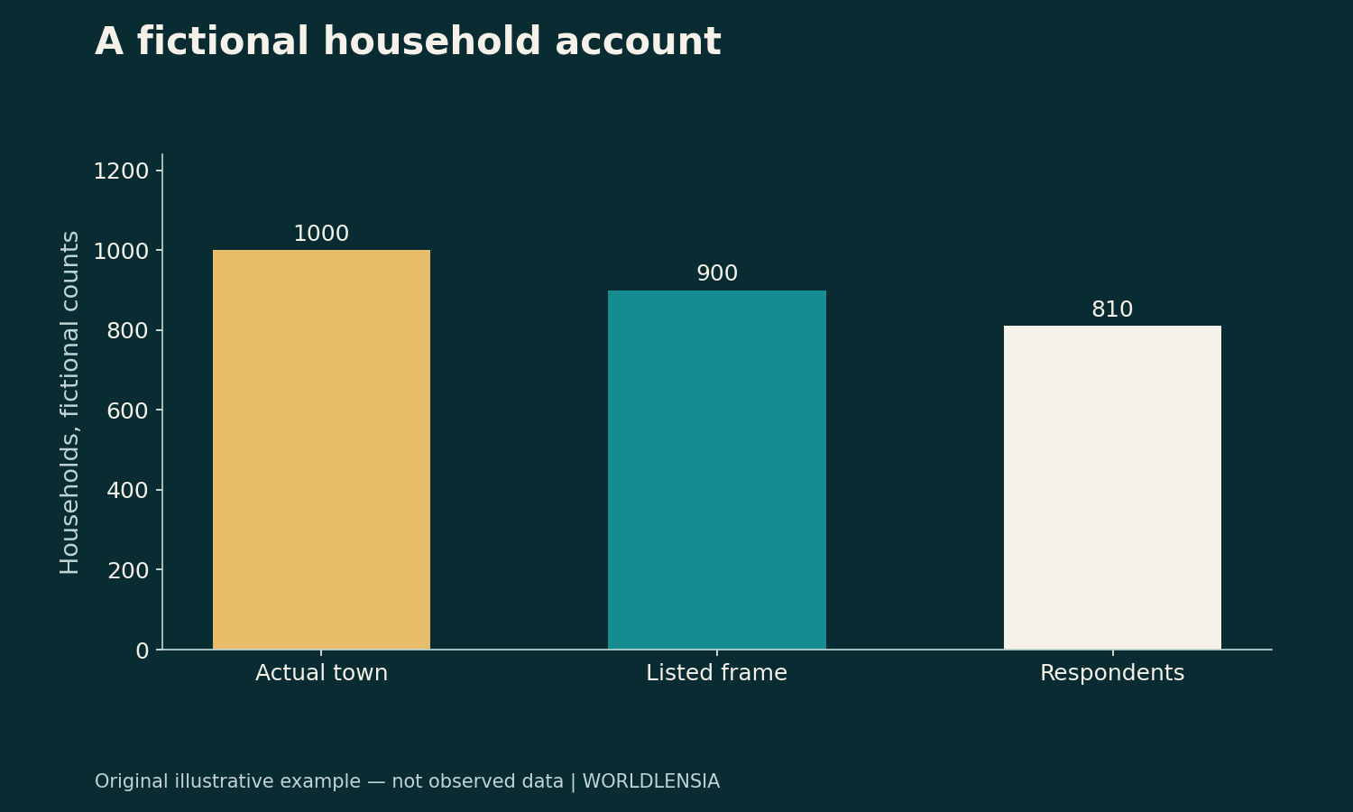 Illustrative data: Actual town 1000; Listed frame 900; Respondents 810. Households, fictional counts. Not observed data.