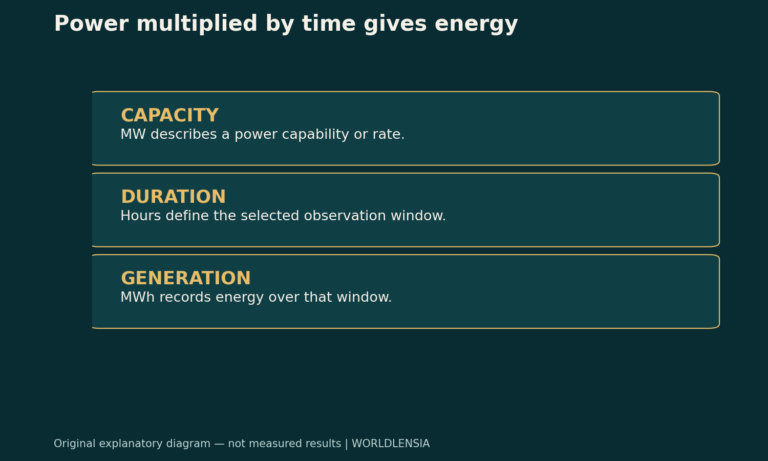 Power multiplied by time gives energy. CAPACITY: MW describes a power capability or rate. DURATION: Hours define the selected observation window. GENERATION: MWh records energy over that window. Original explanatory diagram.