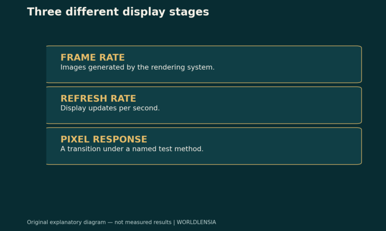 Three different display stages. FRAME RATE: Images generated by the rendering system. REFRESH RATE: Display updates per second. PIXEL RESPONSE: A transition under a named test method. Original explanatory diagram.