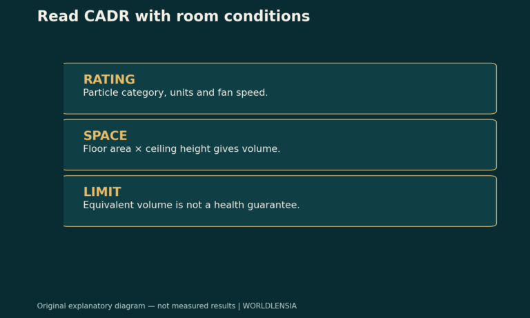 Read CADR with room conditions. RATING: Particle category, units and fan speed. SPACE: Floor area × ceiling height gives volume. LIMIT: Equivalent volume is not a health guarantee. Original explanatory diagram.
