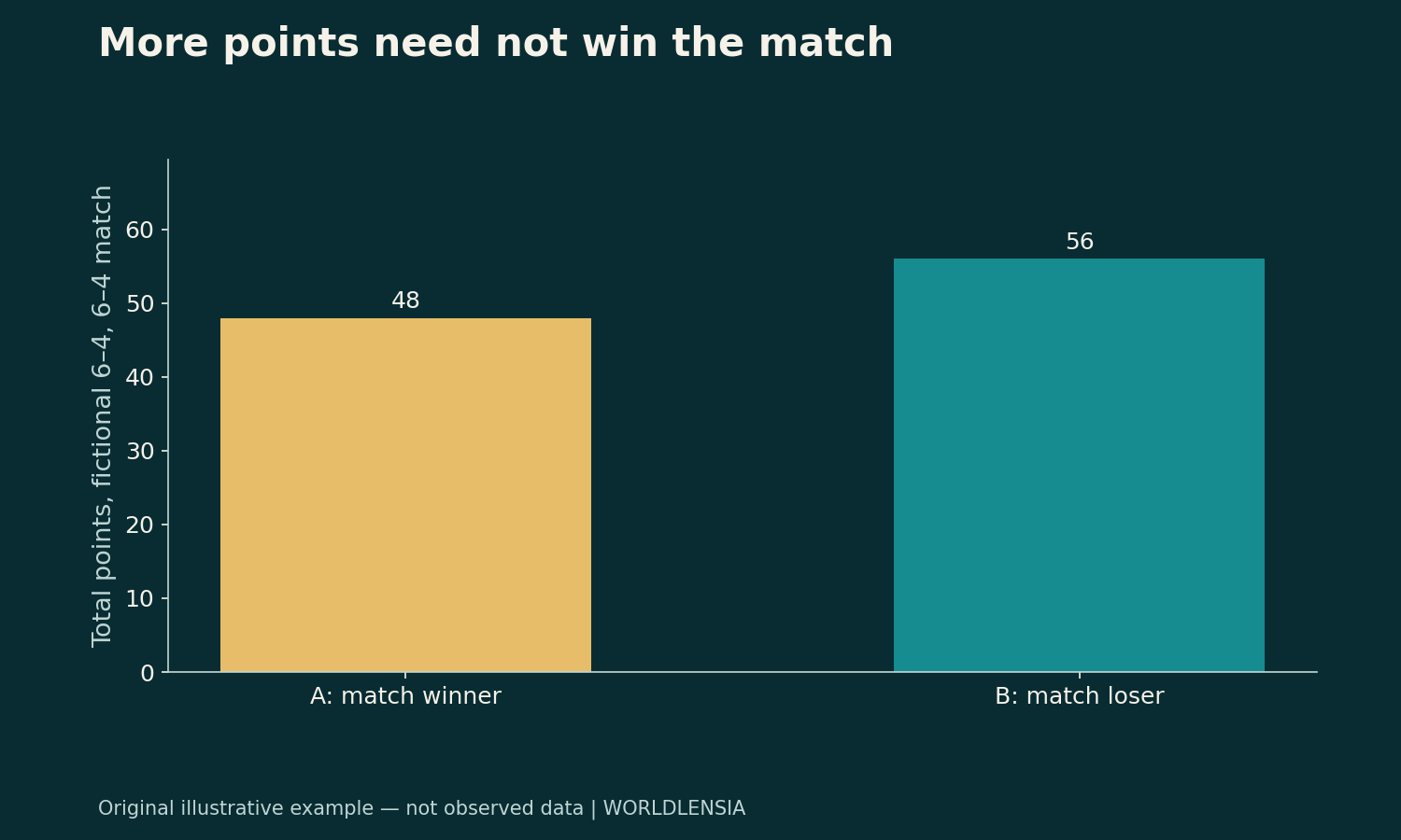 Illustrative data: A: match winner 48; B: match loser 56. Total points, fictional 6–4, 6–4 match. Not observed data.